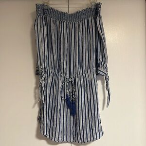 Blue island large off shoulder blue white stripe tasseled waist cover up dress